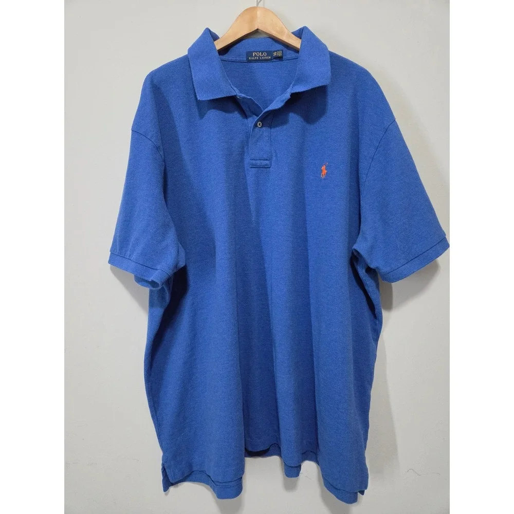 Polo Ralph Lauren Mens‎ 4XB Blue Short Sleeve Cotton Mesh Polo Shirt Orange Pony